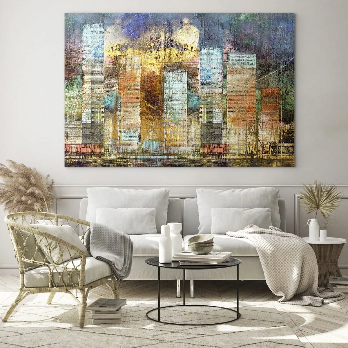 Glasbild - Bild auf glas - Farbenfrohes abstraktes Panorama der Wolkenkratzer der Stadt im künstlerischen Stil - 70x50cm - Sonnige Metropole - Moderne Wanddekoration für Wohnzimmer und Schlafzimmer ARTTOR