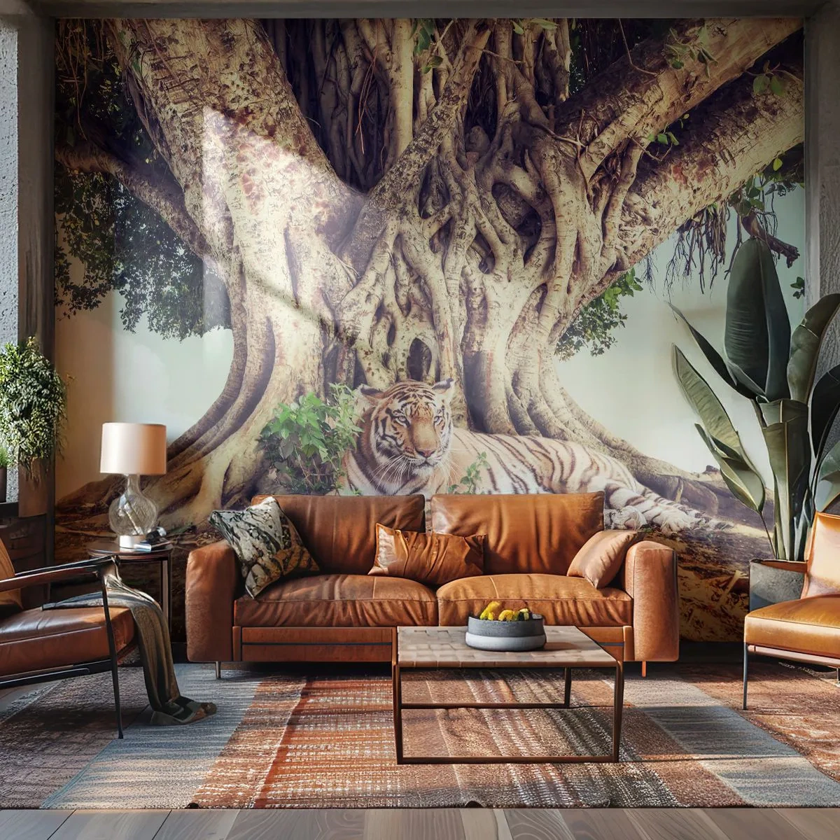 Fototapete Premium Sand - Ein Tiger, der unter einem riesigen, verworrenen Baum liegt - 100x70cm - Blick aus dem Buch Genesis - Moderne Wanddekoration für Wohnzimmer und Schlafzimmer ARTTOR