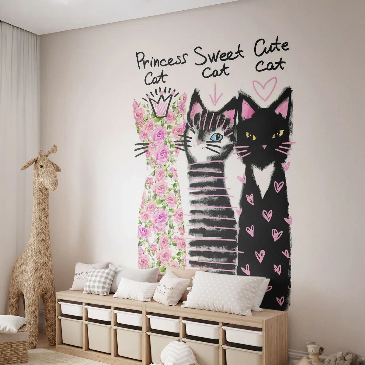 Fototapete Premium Sand - Drei stilisierte Katzen mit Mustern auf weißem Hintergrund - 100x70cm - Es waren drei Katzen - Moderne Wanddekoration für Wohnzimmer und Schlafzimmer ARTTOR