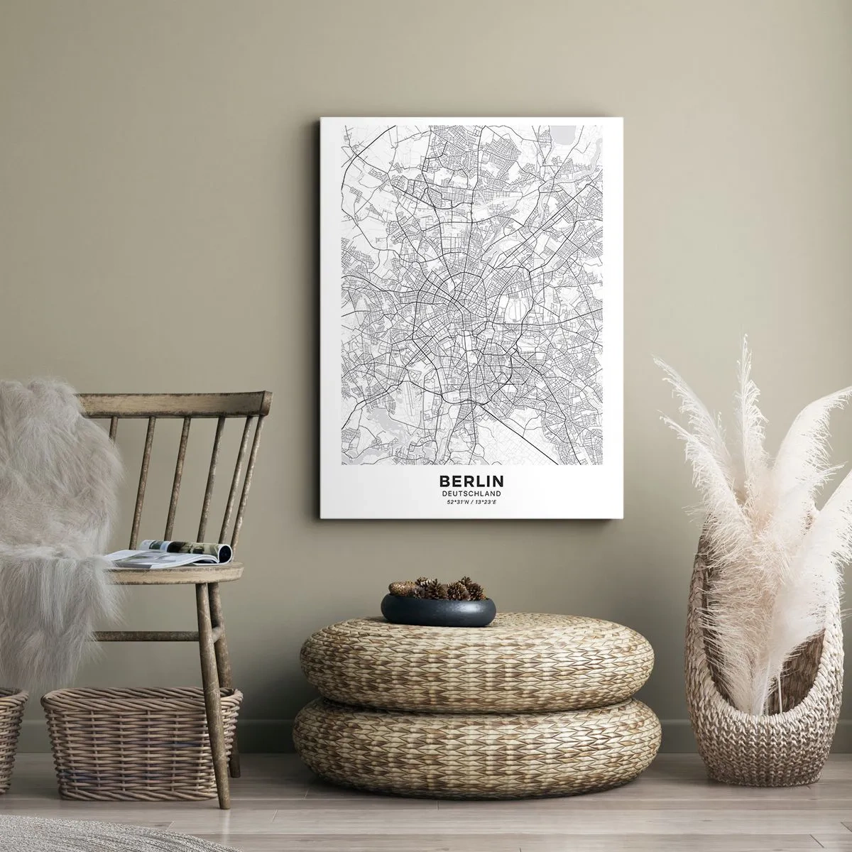 Bild auf Leinwand - Leinwandbild - Detaillierter schwarz-weißer Stadtplan - 50x70cm - Berliner Blume - Moderne Wanddekoration für Wohnzimmer und Schlafzimmer ARTTOR