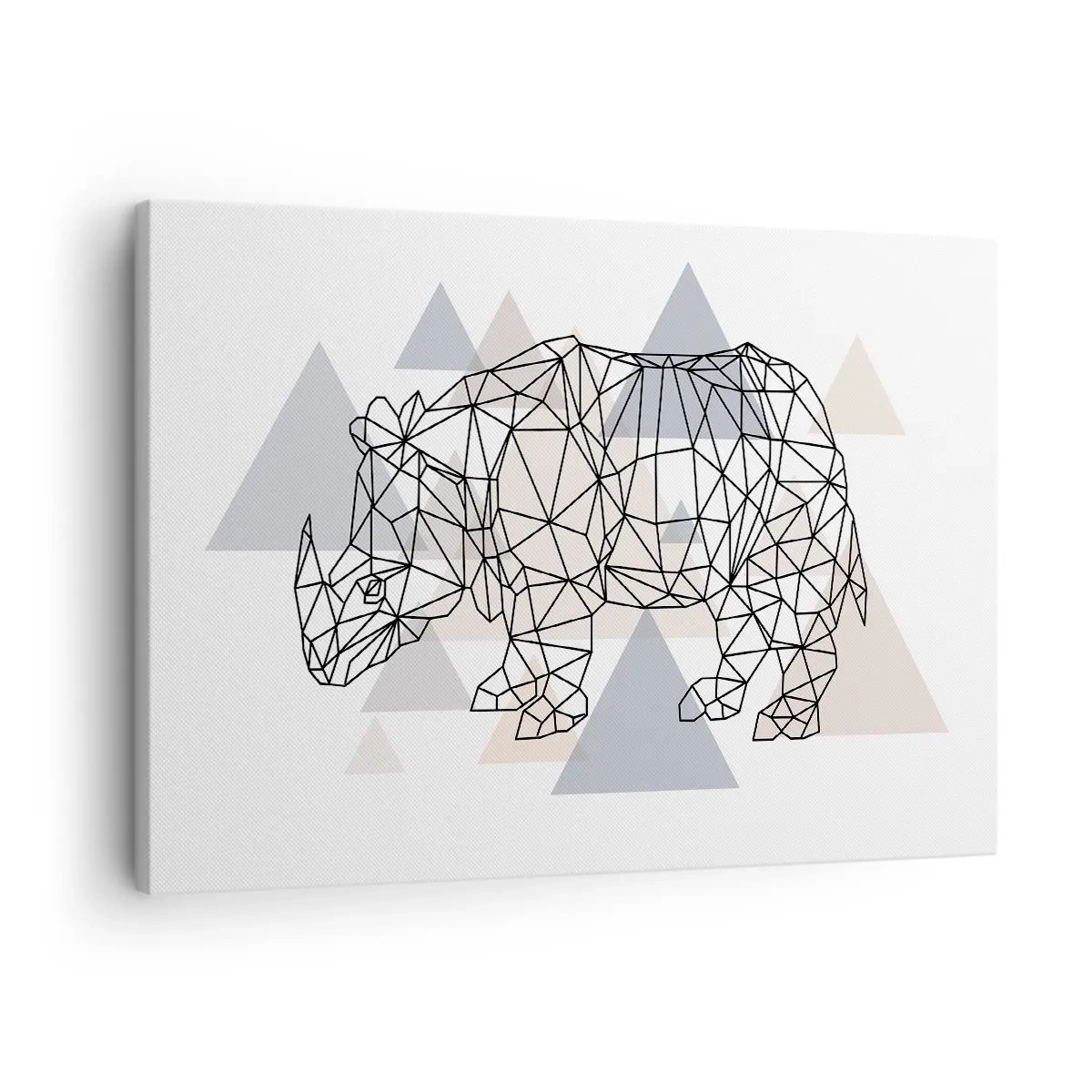 Bild auf Leinwand - Leinwandbild - Geometrisches Nashorn auf einem Hintergrund aus zarten Dreiecken - 70x50cm - Struktur der Stärke - Moderne Wanddekoration für Wohnzimmer und Schlafzimmer ARTTOR