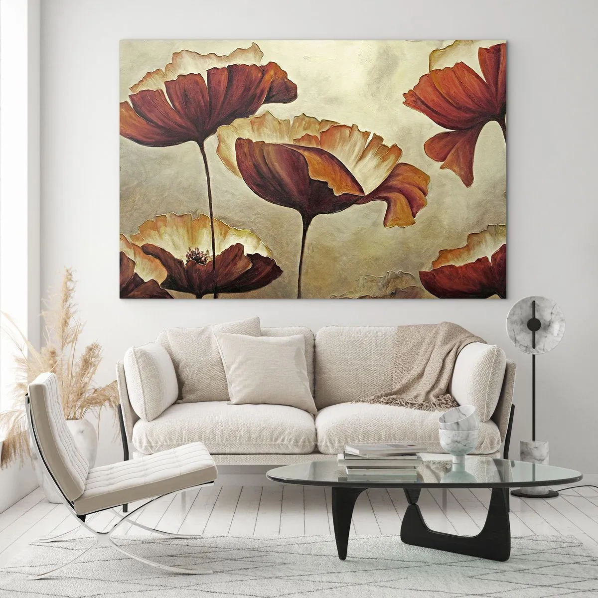 Glasbild - Bild auf glas - Mohnblumen in Rot- und Goldtönen auf hellem Hintergrund - 100x70cm - Weideland - Moderne Wanddekoration für Wohnzimmer und Schlafzimmer ARTTOR