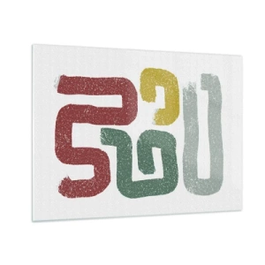 Glasbild - Bild auf glas - Bunte abstrakte Zeichen auf weißem Hintergrund - 70x50cm - In einer unbekannten Sprache - Moderne Wanddekoration für Wohnzimmer und Schlafzimmer ARTTOR