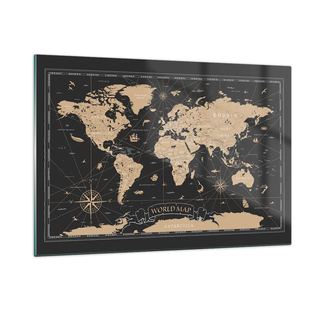 Glasbild - Bild auf glas - Stilisierte Weltkarte in Beige- und Schwarztönen - 120x80cm - Die Grenzen meiner Welt - Moderne Wanddekoration für Wohnzimmer und Schlafzimmer ARTTOR