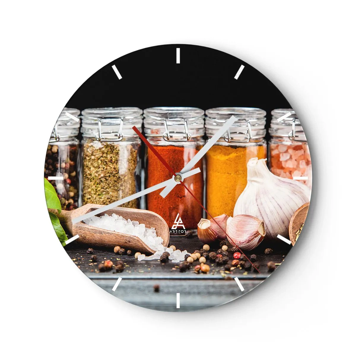Wanduhr - Glasuhr - Bunte Gewürze in Gläsern und Küchenzubehör - 30x30cm - Für einen Geschmack des Lebens - Moderne Wanddekoration für Wohnzimmer, Küche und Schlafzimmer ARTTOR
