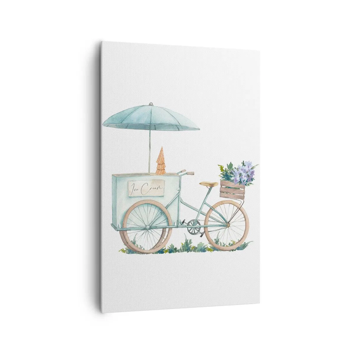 Bild auf Leinwand - Leinwandbild - Ein Fahrrad mit Eis und Blumen unter einem Regenschirm in zarten Pastellfarben - 80x120cm - Süße Erinnerung an den Sommer - Moderne Wanddekoration für Wohnzimmer und Schlafzimmer ARTTOR