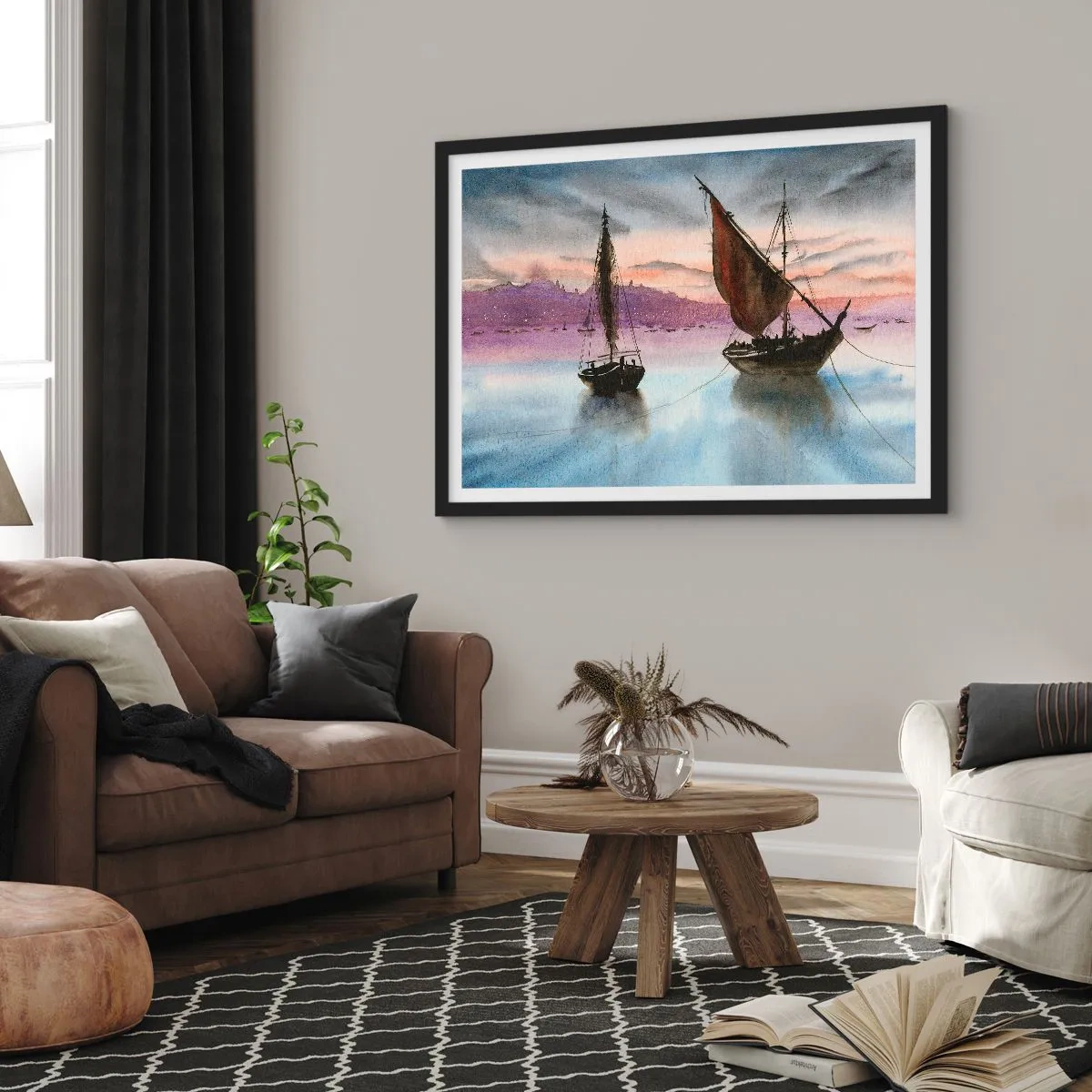 Poster in einem schwarzem Rahmen - Abend am Hafen - 91x61 cm