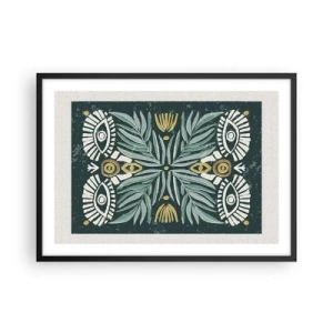 Poster in einem schwarzem Rahmen - Symmetrisches Pflanzenmuster auf grünem Hintergrund - 70x50cm - Wie ein Volksausschnitt - Moderne Wanddekoration für Wohnzimmer und Schlafzimmer ARTTOR