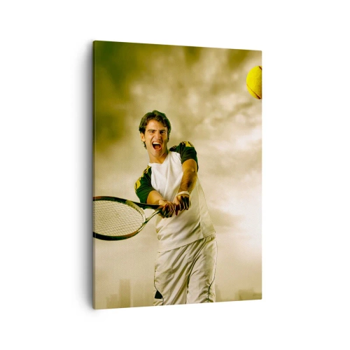Bild auf Leinwand - Leinwandbild - Tennisspieler in Aktion während eines Spiels vor dem Hintergrund einer urbanen Landschaft - 50x70cm - Energie und Freude - Moderne Wanddekoration für Wohnzimmer und Schlafzimmer ARTTOR