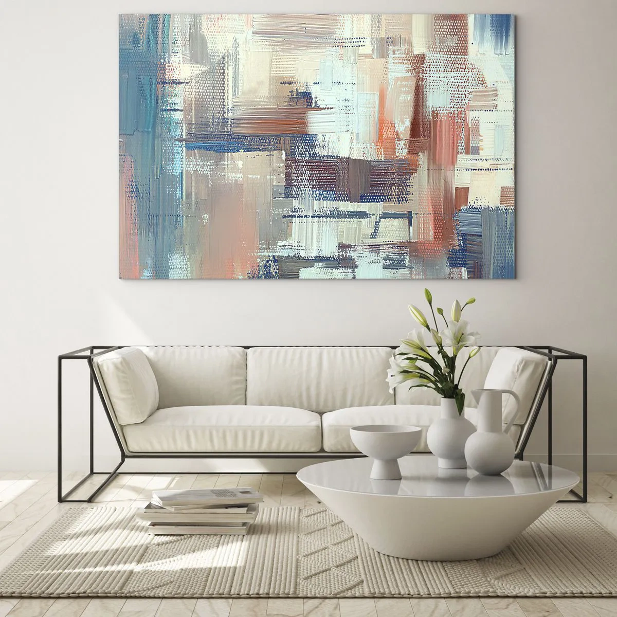 Glasbild - Bild auf glas - Bunte Abstraktion mit horizontalen und vertikalen Pinselstrichen - 100x70cm - Zum Licht kommen - Moderne Wanddekoration für Wohnzimmer und Schlafzimmer ARTTOR