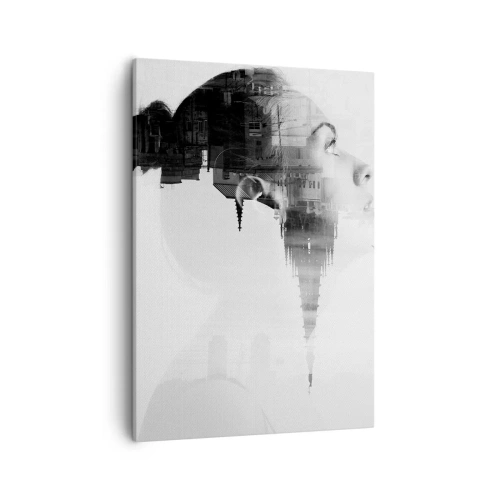 Bild auf Leinwand - Leinwandbild - Porträt einer Frau mit den Umrissen einer Stadt im Hintergrund, schwarz-weiße Farben - 50x70cm - Auf beiden Seiten des Glases - Moderne Wanddekoration für Wohnzimmer und Schlafzimmer ARTTOR