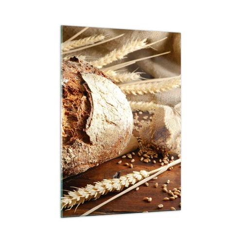 Glasbild - Bild auf glas - Brot auf einem Brett mit Weizenähren und Getreidesäcken - 50x70cm - Appetitanregend, duftend, knackig - Moderne Wanddekoration für Wohnzimmer und Schlafzimmer ARTTOR
