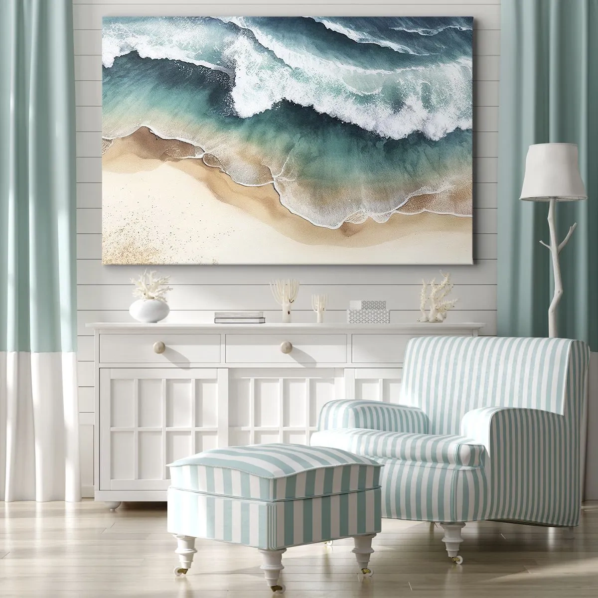 Bild auf Leinwand - Leinwandbild - Blick auf den Strand und die Meereswellen in Türkistönen - 100x70cm - Das ewige Treffen - Moderne Wanddekoration für Wohnzimmer und Schlafzimmer ARTTOR