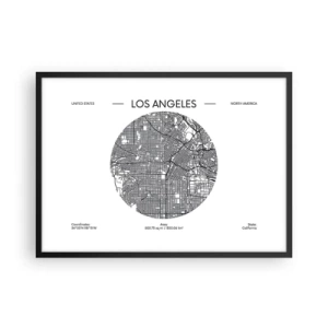 Poster in einem schwarzem Rahmen - Eine Karte von Los Angeles im minimalistischen Schwarz-Weiß-Stil - 70x50cm - Anatomie von Los Angeles - Moderne Wanddekoration für Wohnzimmer und Schlafzimmer ARTTOR