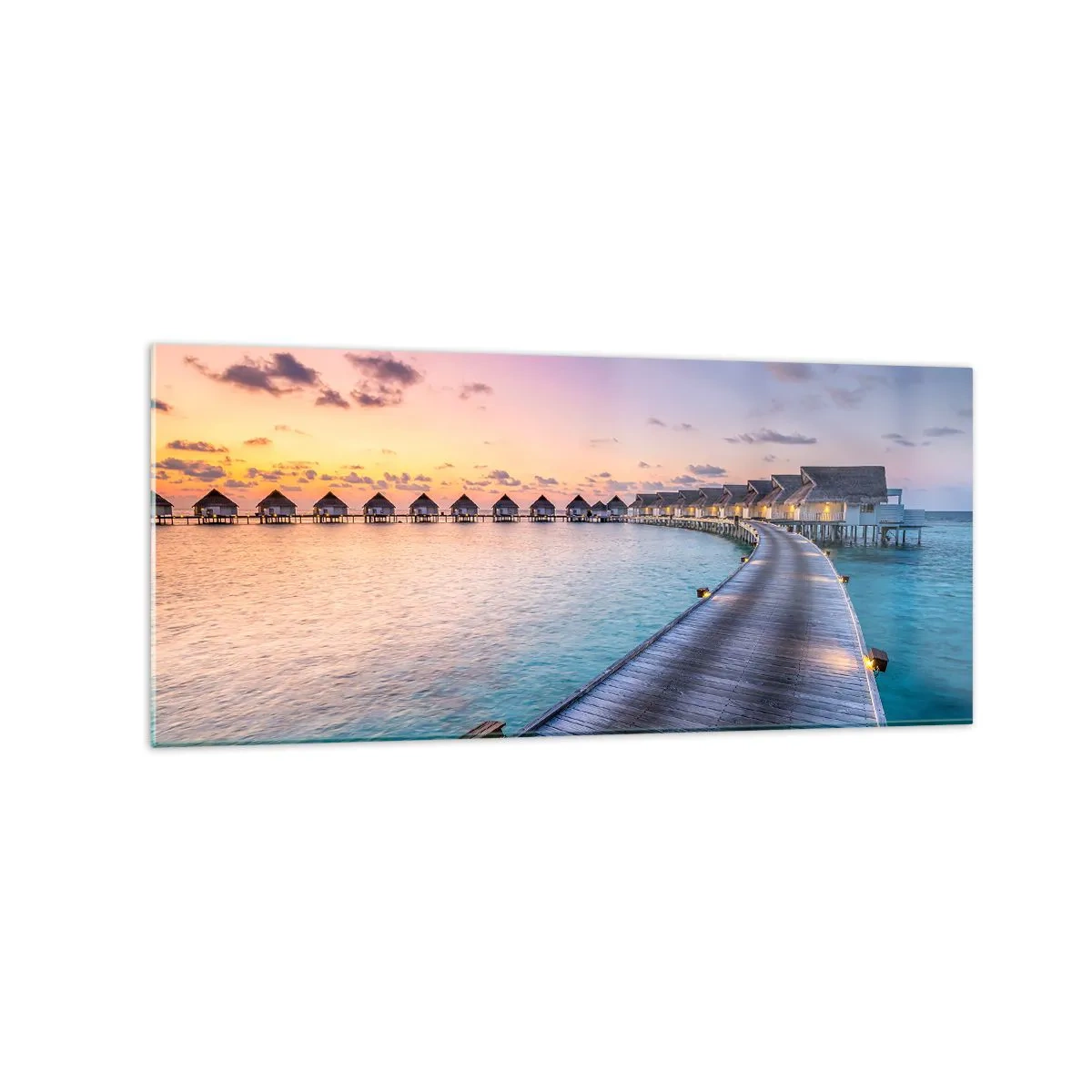 Glasbild - Bild auf glas - Der Pier, der bei Sonnenuntergang zu den Cottages am Wasser führt - 120x50cm - Urlaub - zurück zu den Quellen - Moderne Wanddekoration für Wohnzimmer und Schlafzimmer ARTTOR
