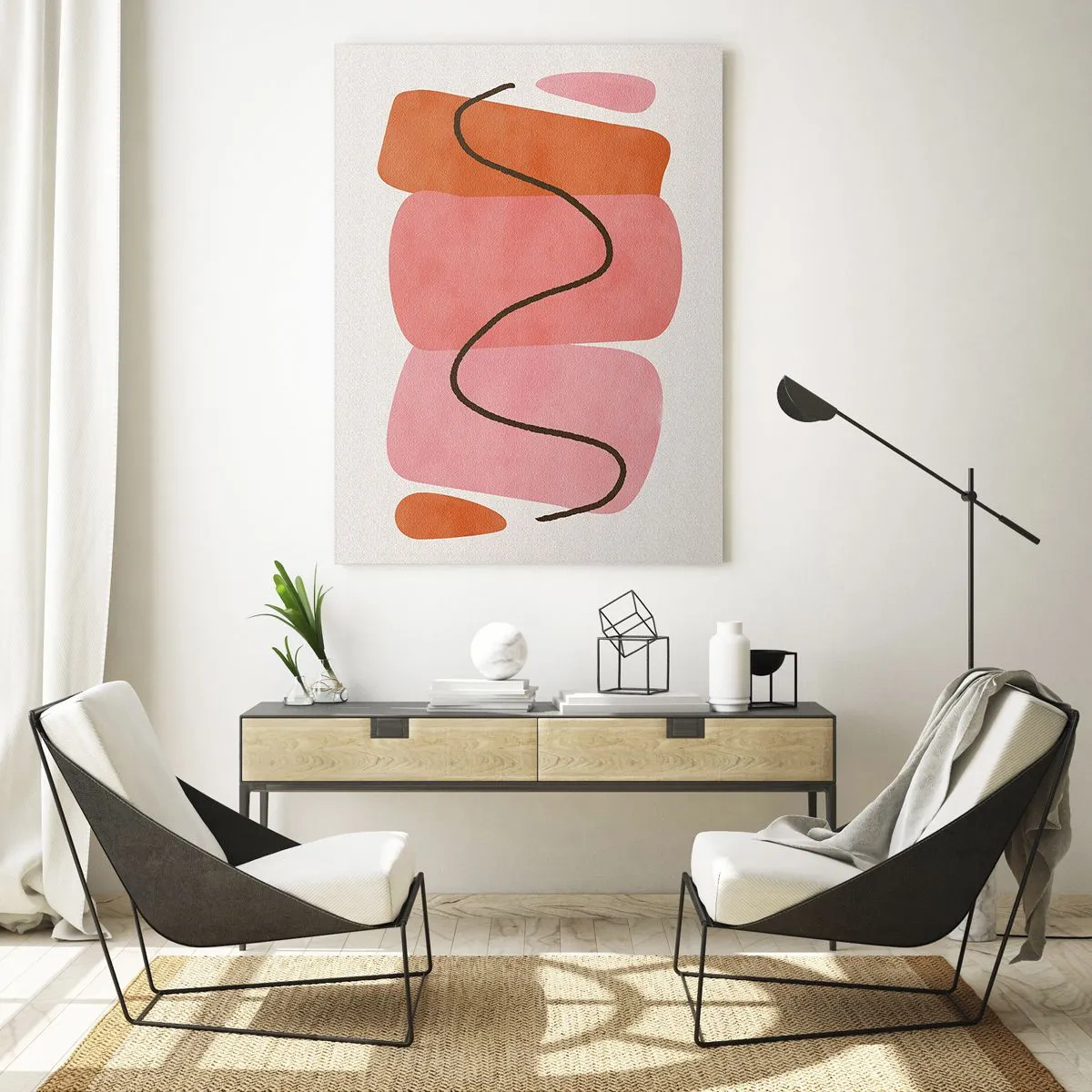Glasbild - Bild auf glas - Abstrakte Formen in Rosa- und Orangetönen - 80x120cm - Sanfte Bewegung der Formen - Moderne Wanddekoration für Wohnzimmer und Schlafzimmer ARTTOR