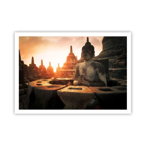 Poster - Buddha-Statue im Borobudur-Tempel bei Sonnenuntergang - 100x70cm - Wetter der großen Weisheit - Moderne Wanddekoration für Wohnzimmer und Schlafzimmer ARTTOR