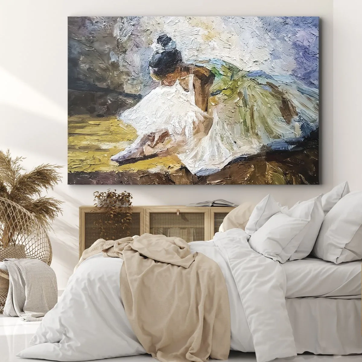 Bild auf Leinwand - Leinwandbild - Eine Ballerina in einem weißen Kleid im malerischen Stil vor einem impressionistischen Hintergrund. - 100x70cm - Aus einem Gemälde von Degas - Moderne Wanddekoration für Wohnzimmer und Schlafzimmer ARTTOR