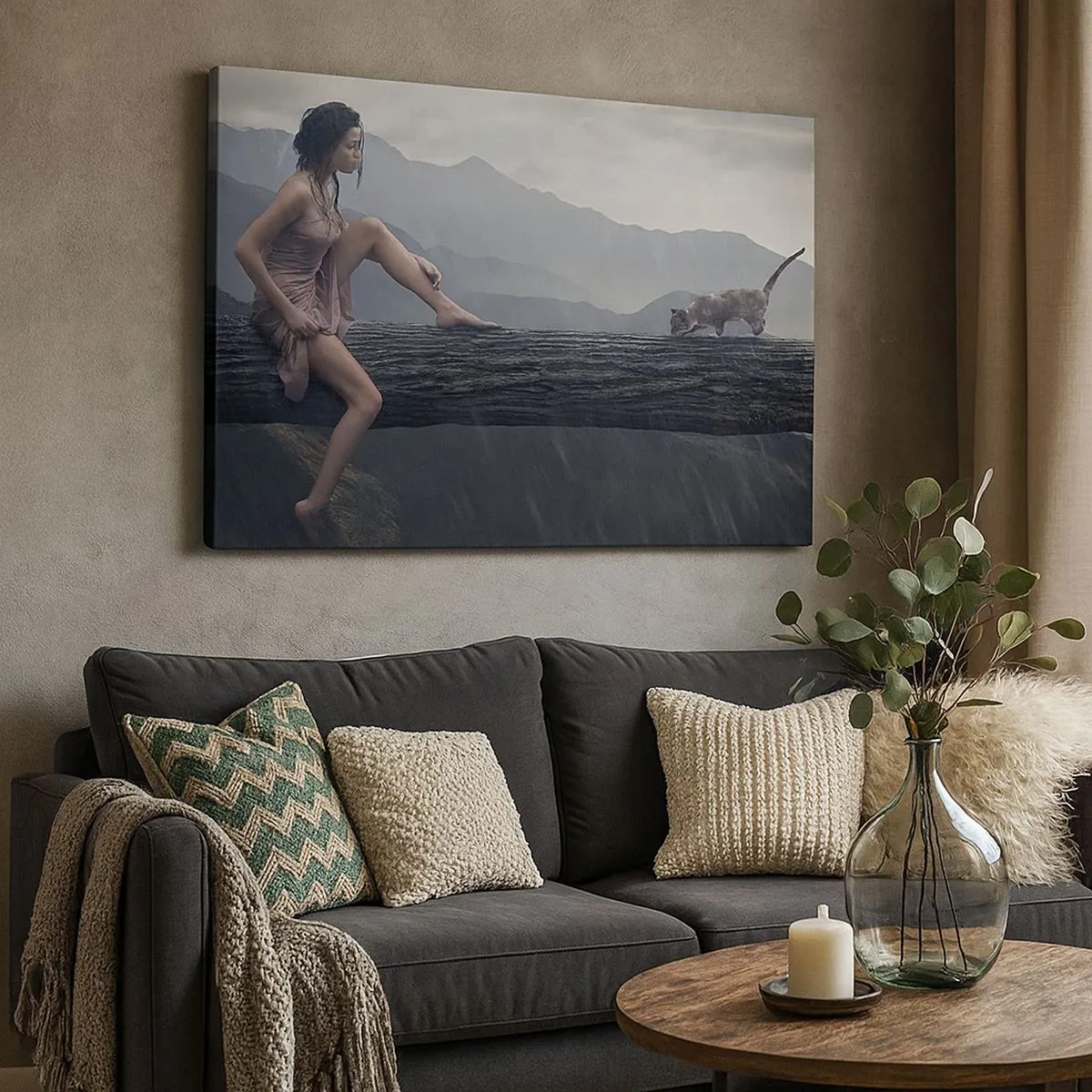 Bild auf Leinwand - Leinwandbild - Eine Frau und eine Katze auf einem Baumstamm im Regen mit Blick auf die Berge. - 70x50cm - Gipfel der Schönheit - Moderne Wanddekoration für Wohnzimmer und Schlafzimmer ARTTOR