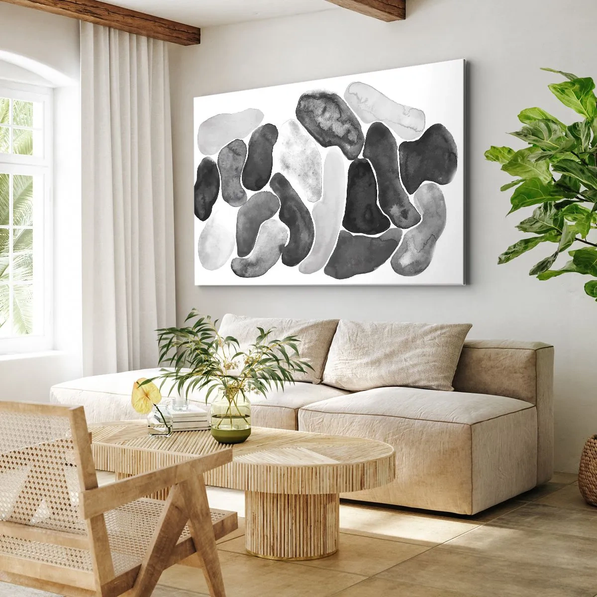 Bild auf Leinwand - Leinwandbild - Schwarz-weiße Abstraktion mit unregelmäßigen Flecken auf weißem Hintergrund - 100x70cm - Felsige Abstraktion - Moderne Wanddekoration für Wohnzimmer und Schlafzimmer ARTTOR