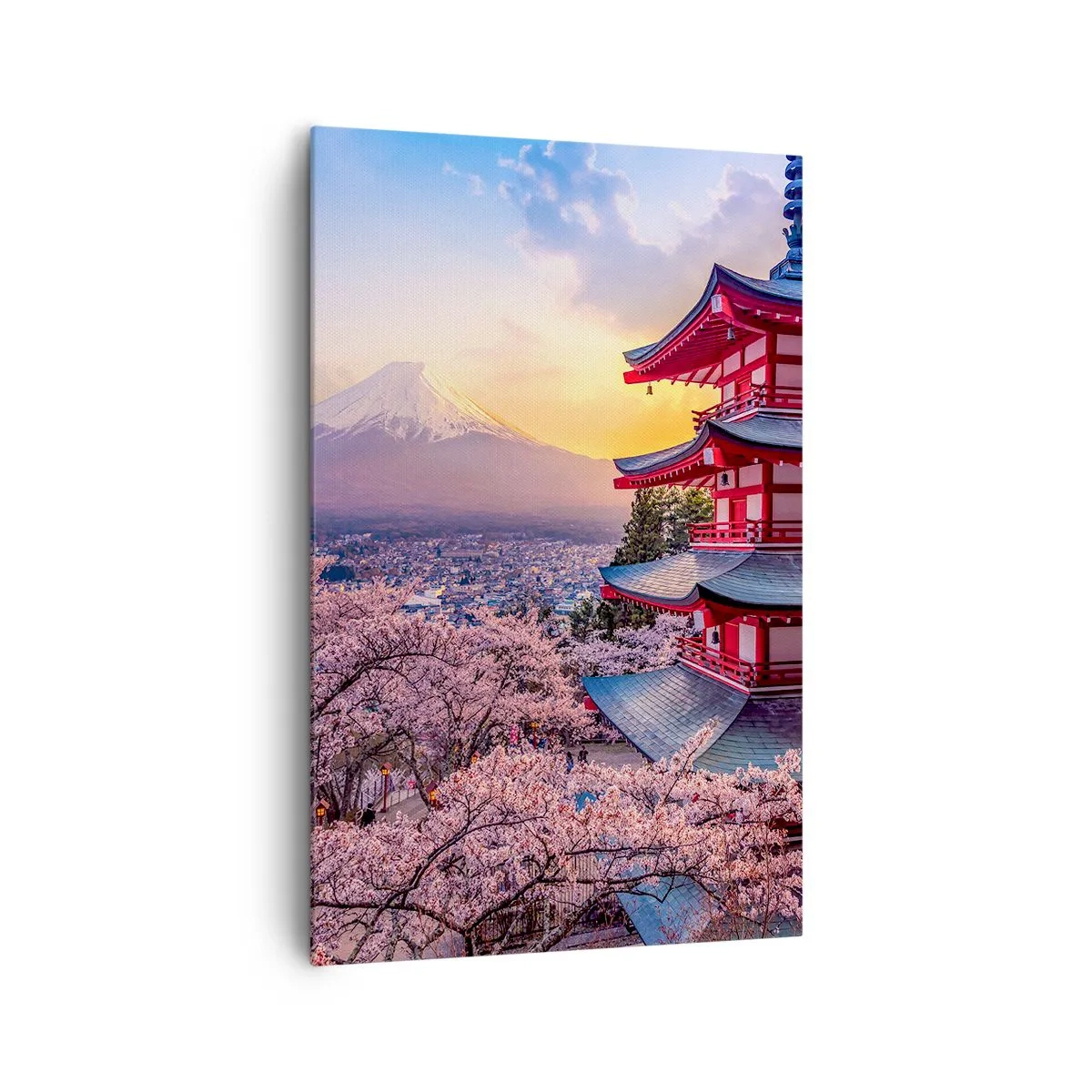 Bild auf Leinwand - Leinwandbild - Eine Pagode in Japan mit Kirschblüten und dem Berg Fuji - 80x120cm - Die Essenz des japanischen Geistes - Moderne Wanddekoration für Wohnzimmer und Schlafzimmer ARTTOR