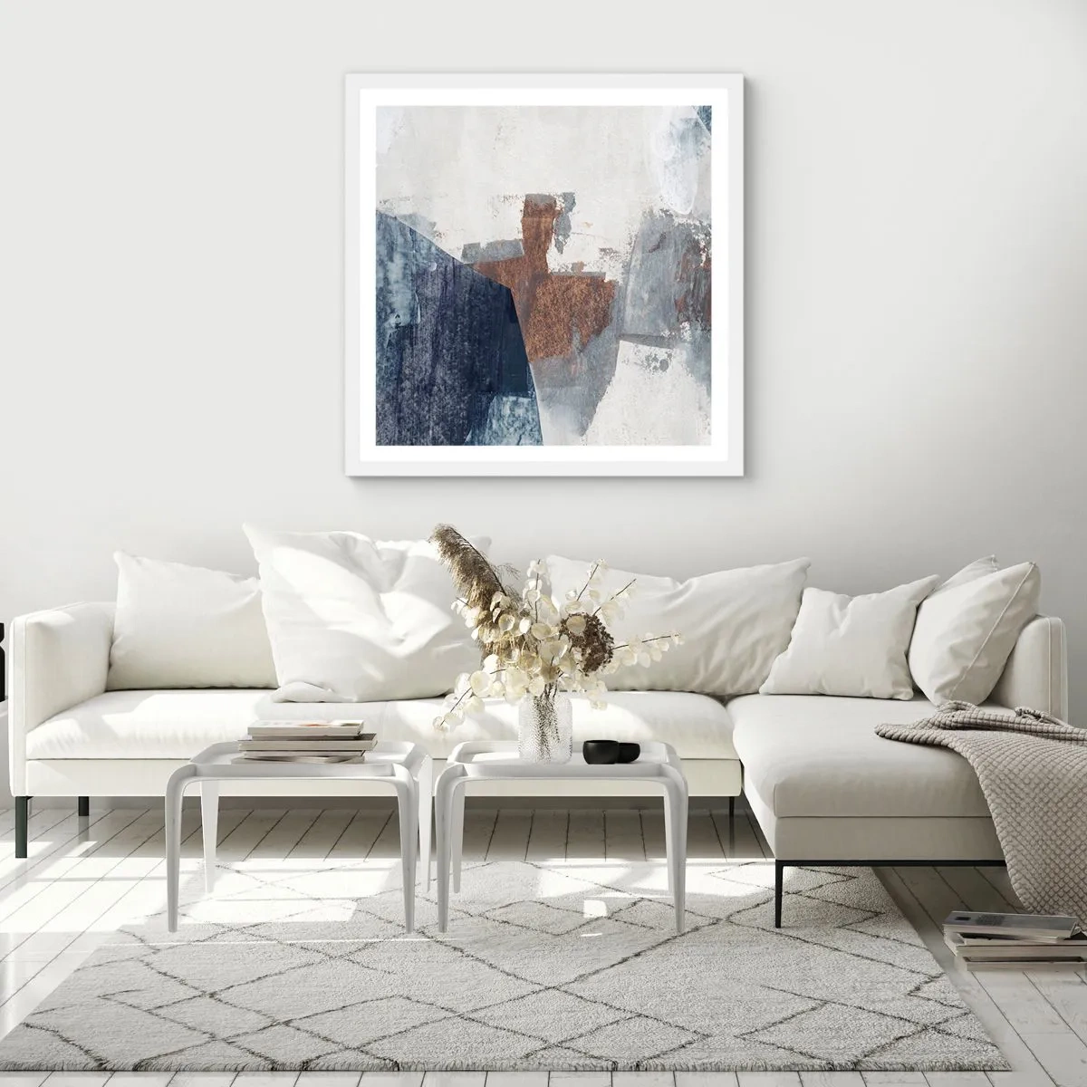 Poster in einem weißen Rahmen - Blaue und braune Formen - 30x30 cm