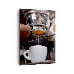 Bild auf Leinwand - Leinwandbild - Nahaufnahme einer Kaffeemaschine, die einen frischen Espresso zubereitet - 50x70cm - Gute Zeit des Tages - Moderne Wanddekoration für Wohnzimmer und Schlafzimmer ARTTOR
