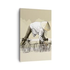 Bild auf Leinwand - Leinwandbild - Bauern bei der Arbeit auf einem Reisfeld mit traditioneller Kopfbedeckung - 80x120cm - Erfolgreiche Ernte - Moderne Wanddekoration für Wohnzimmer und Schlafzimmer ARTTOR