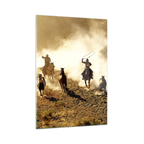 Glasbild - Bild auf glas - Cowboys zu Pferd im Staub bei einem Rodeo - 50x70cm - Wirklich wilder Westen - Moderne Wanddekoration für Wohnzimmer und Schlafzimmer ARTTOR