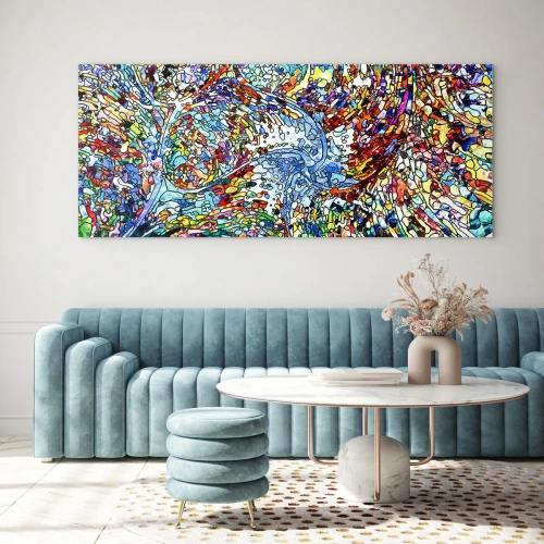 Glasbild - Bild auf glas - Ein farbenfrohes, abstraktes Muster, inspiriert von der Natur - 140x50cm - Glasmalerei Wassertropfen - Moderne Wanddekoration für Wohnzimmer und Schlafzimmer ARTTOR