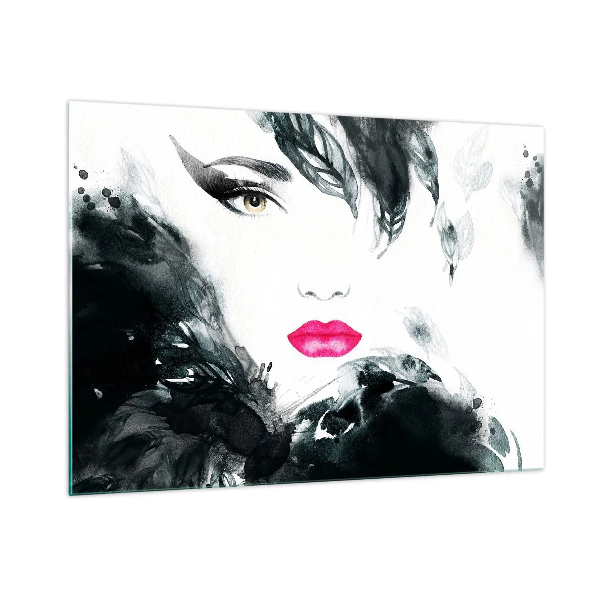 Glasbild - Bild auf glas - Porträt einer Frau mit rosa Lippen und schwarzen Akzenten - 100x70cm - Beachtung! Femme fatale - Moderne Wanddekoration für Wohnzimmer und Schlafzimmer ARTTOR