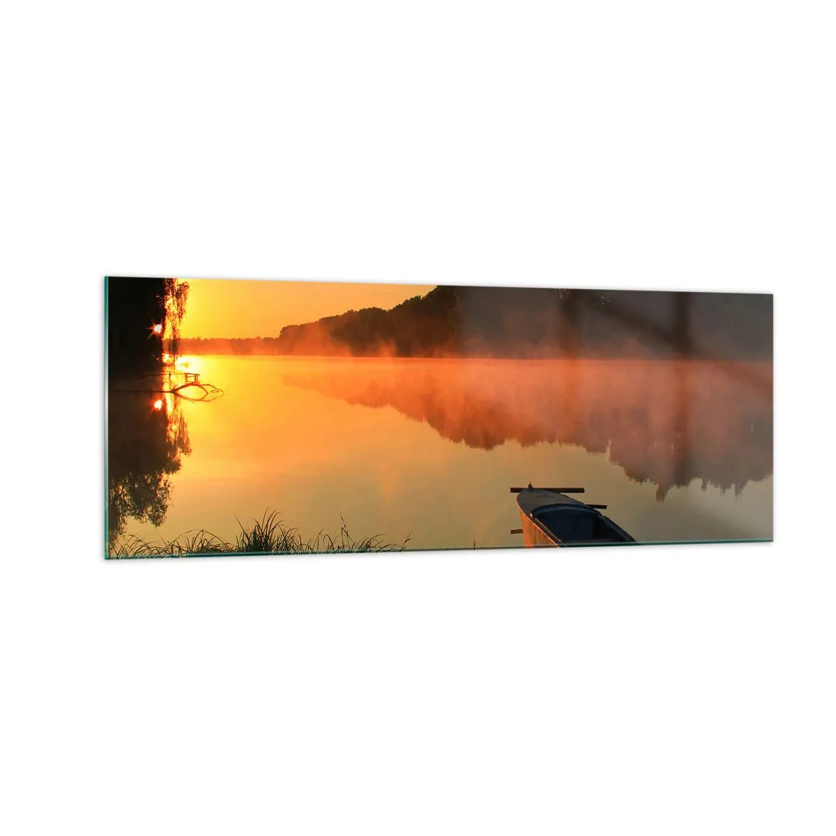 Glasbild - Bild auf glas - Morgennebel über dem Fluss mit einem Boot in den Sonnenstrahlen - 140x50cm - Sonnenaufgang über dem Wasser wie ein Spiegel - Moderne Wanddekoration für Wohnzimmer und Schlafzimmer ARTTOR