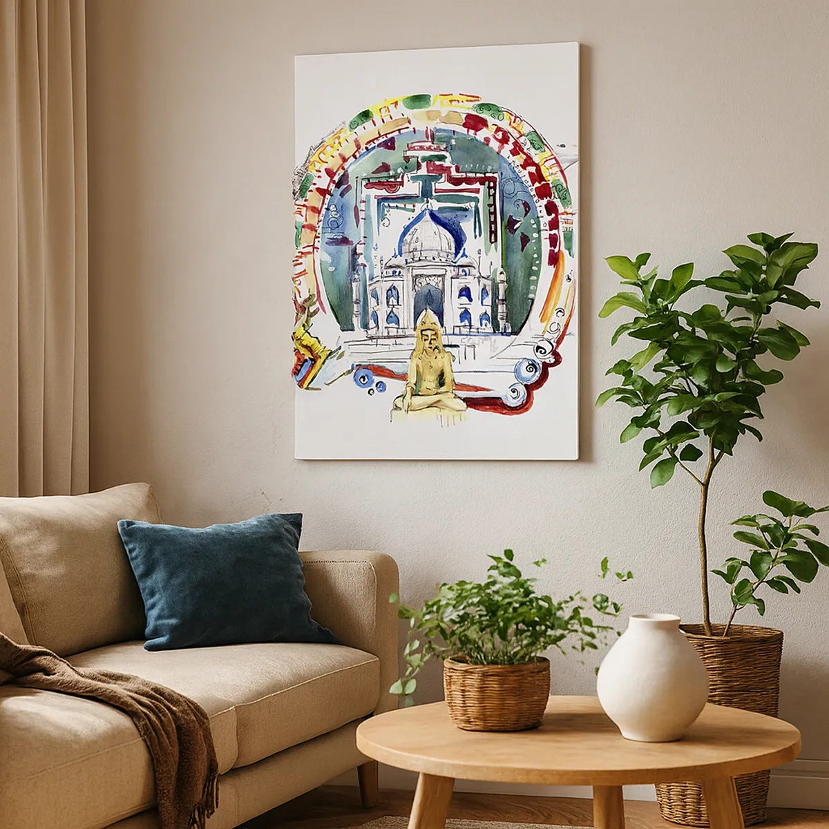 Bild auf Leinwand - Leinwandbild - Eine farbenfrohe Illustration der indischen Architektur - 50x70cm - Hinduistisches Weltgleichgewicht - Moderne Wanddekoration für Wohnzimmer und Schlafzimmer ARTTOR