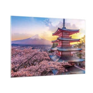 Glasbild - Bild auf glas - Eine Pagode in einer japanischen Landschaft mit Blick auf den Berg Fuji und blühende Bäume - 100x70cm - Die Essenz des japanischen Geistes - Moderne Wanddekoration für Wohnzimmer und Schlafzimmer ARTTOR