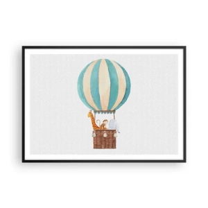 Poster in einem schwarzem Rahmen - Ein Ballon mit süßen Tieren in Pastellfarben - 100x70cm - Fantastische Reise - Moderne Wanddekoration für Wohnzimmer und Schlafzimmer ARTTOR