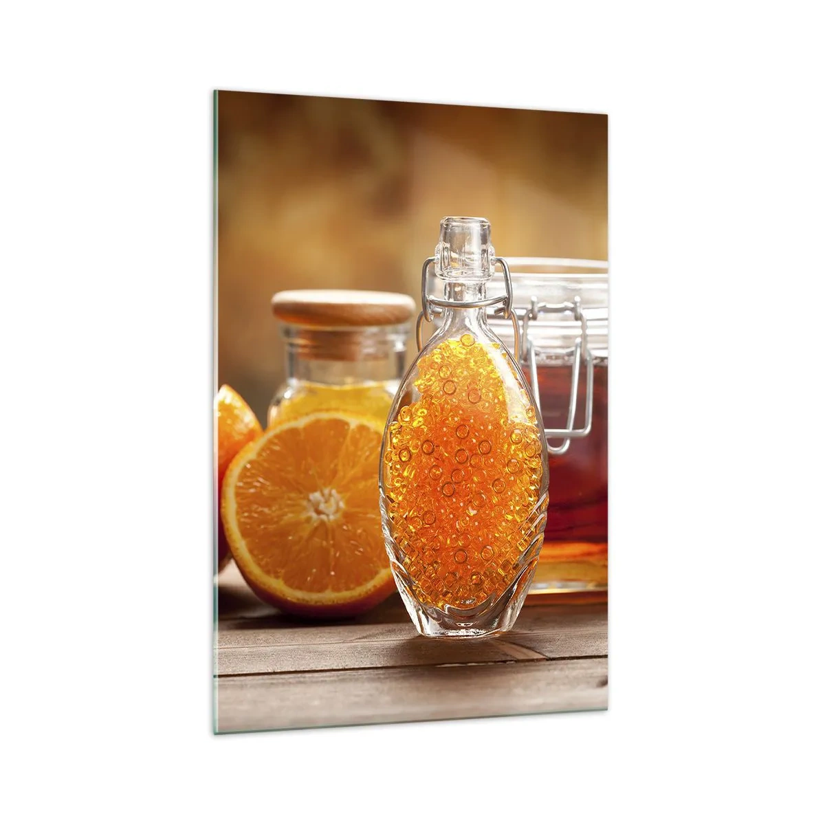 Glasbild - Bild auf glas - Eine Flasche bernsteinfarbene Flüssigkeit und frische Orangen - 70x100cm - Sonnige Aromen und Düfte - Moderne Wanddekoration für Wohnzimmer und Schlafzimmer ARTTOR