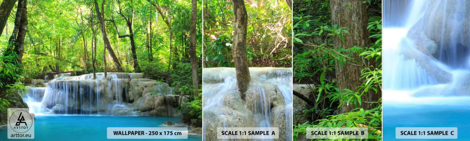 Fototapetenmuster Standard Eco - In Türkis und Grün ertrinken - Landschaft, Wasserfall, Kaskade - 100x30 cm