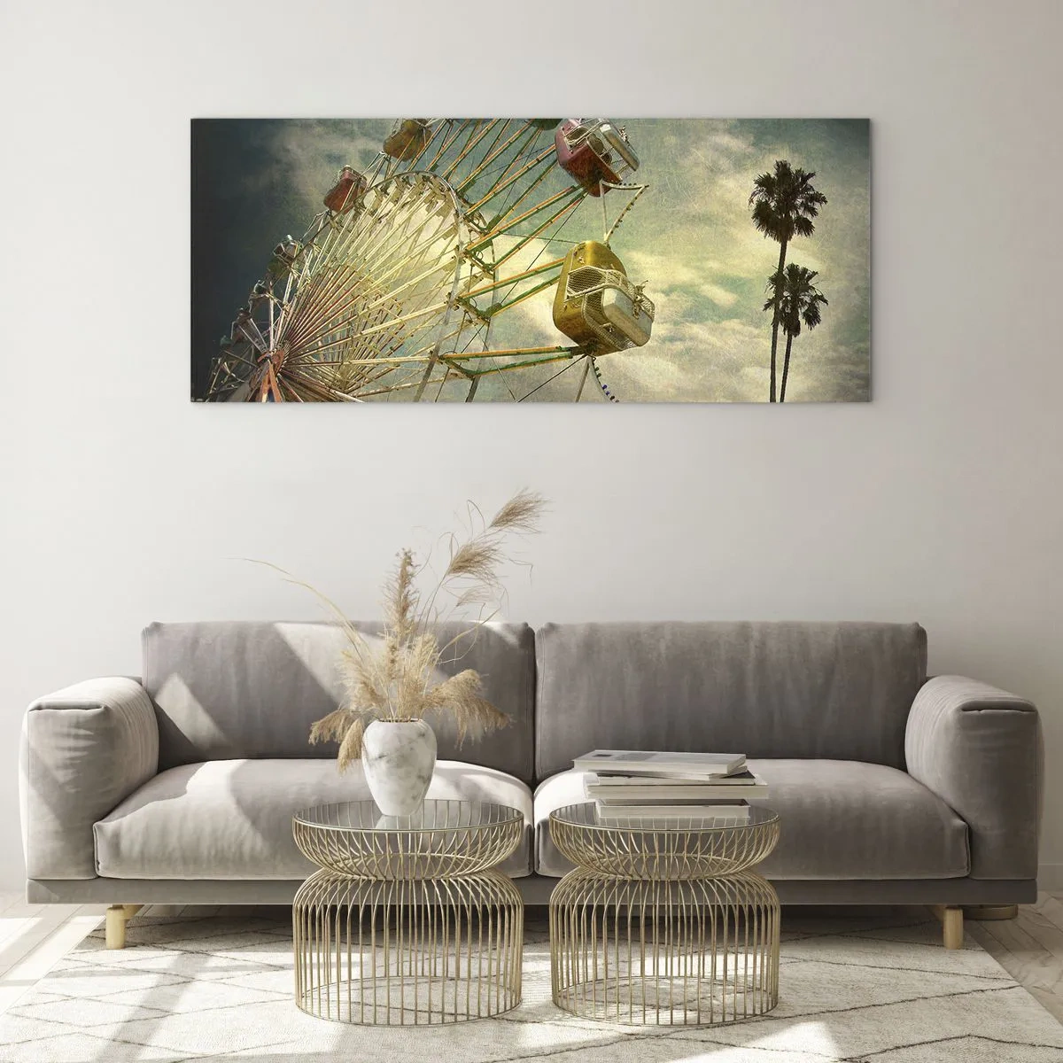 Glasbild - Bild auf glas - Retro-Foto von einem Riesenrad mit Palmen gegen den Himmel - 140x50cm - Es wird Spaß geben ... - Moderne Wanddekoration für Wohnzimmer und Schlafzimmer ARTTOR