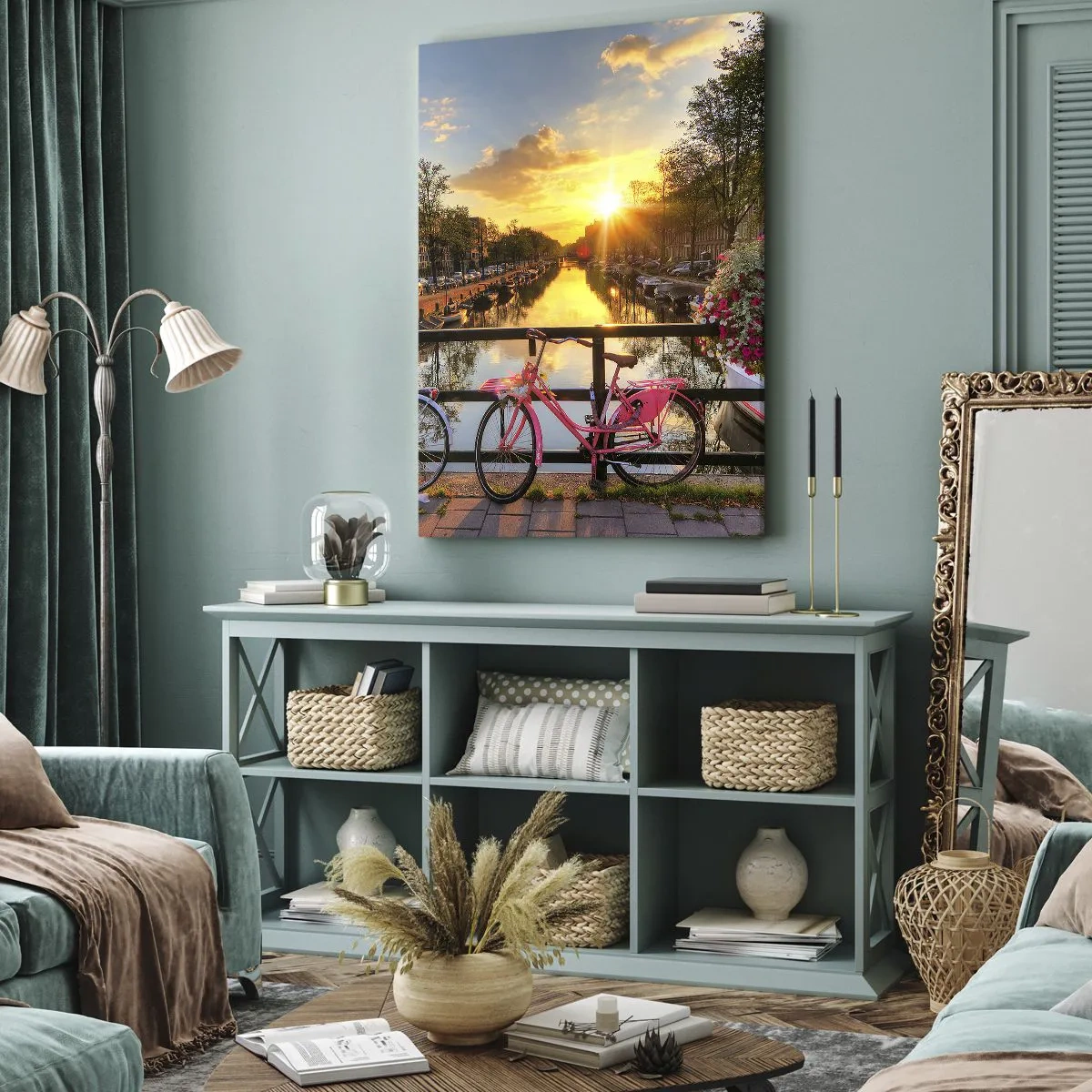 Bild auf Leinwand - Leinwandbild - Frühlingsmorgen in Amsterdam - 65x120 cm