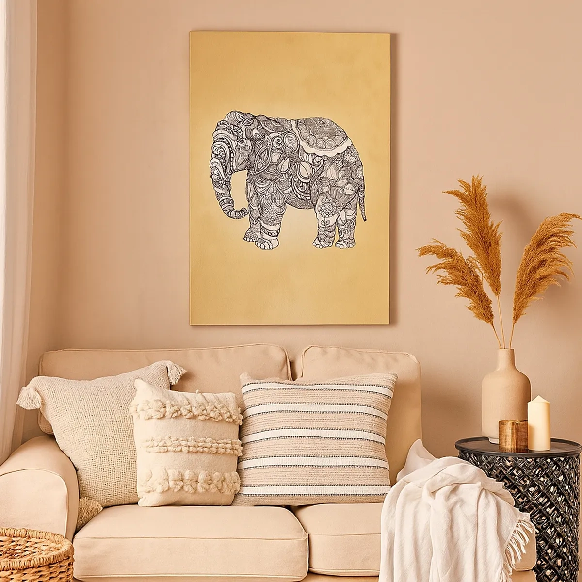 Bild auf Leinwand - Leinwandbild - Handgezeichneter Elefant mit kunstvollem Muster auf beigem Hintergrund - 50x70cm - Elefant verhüllte sich - Moderne Wanddekoration für Wohnzimmer und Schlafzimmer ARTTOR