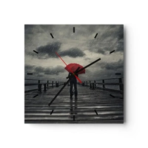 Wanduhr - Glasuhr - Eine Person mit einem roten Regenschirm auf einem verregneten Pier - 30x30cm - Es ist egal, dass es regnet - Moderne Wanddekoration für Wohnzimmer und Schlafzimmer ARTTOR