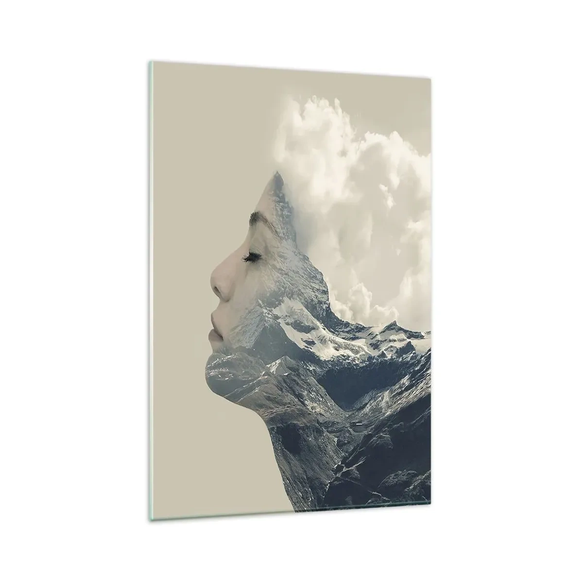 Glasbild - Bild auf glas - Silhouette einer Frau mit einer Berglandschaft im Hintergrund - 80x120cm - Die Schönheit der Elemente der Natur - Moderne Wanddekoration für Wohnzimmer und Schlafzimmer ARTTOR