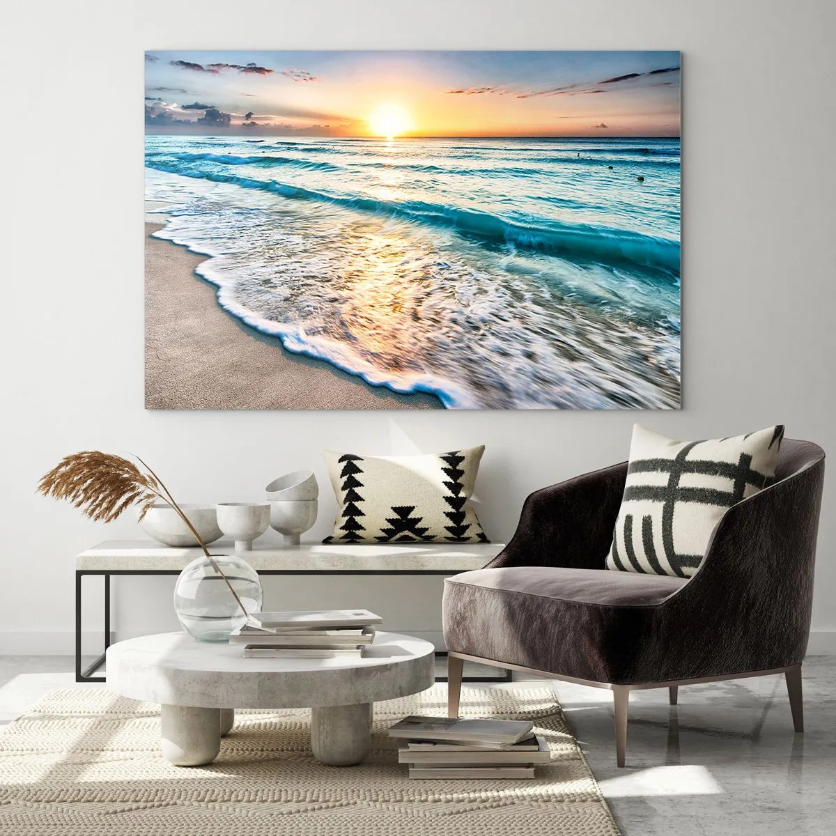Glasbild - Bild auf glas - Strand am Morgen mit Wellen und Sonnenaufgang - 70x50cm - Ein Blick lohnt sich - Moderne Wanddekoration für Wohnzimmer und Schlafzimmer ARTTOR