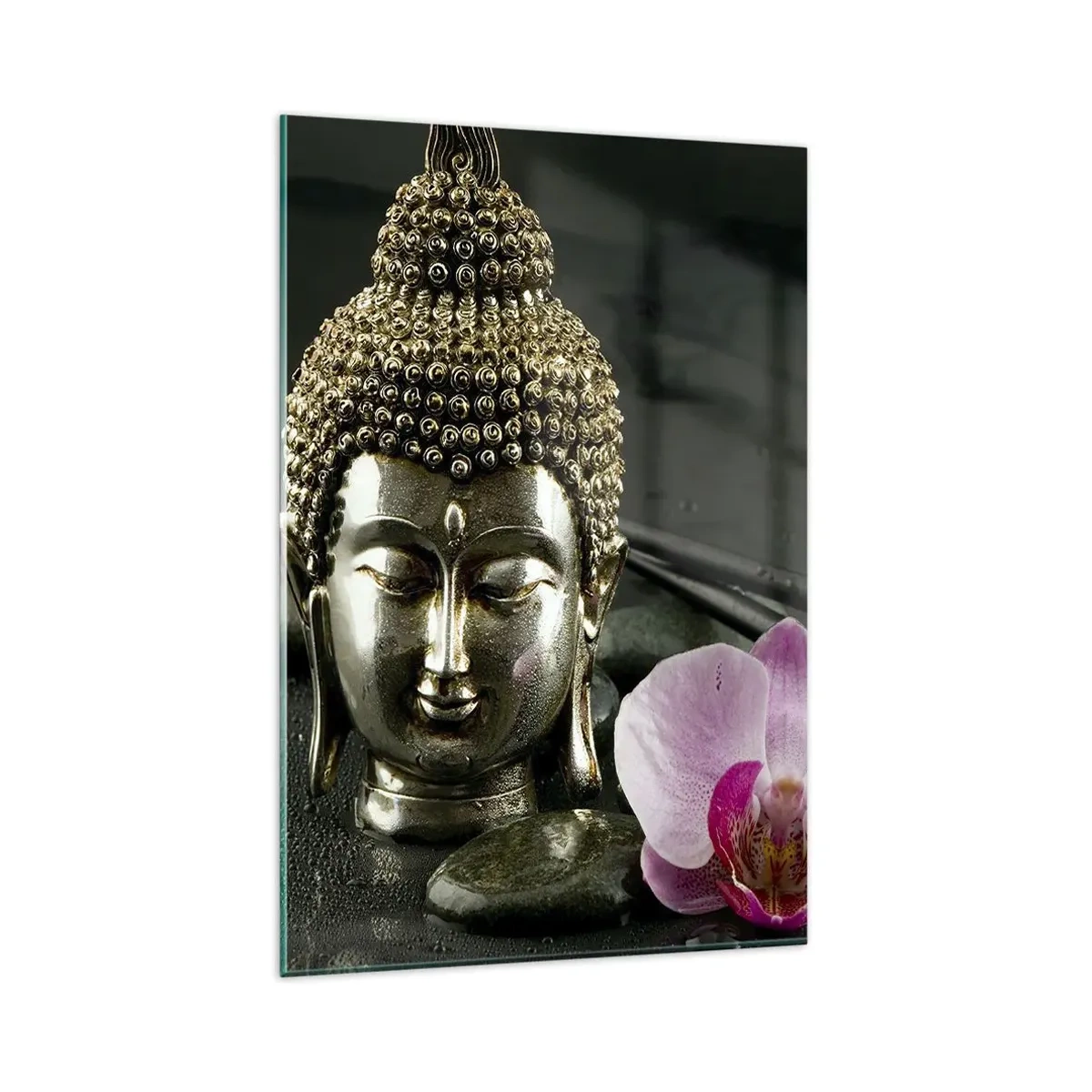 Glasbild - Bild auf glas - Eine Buddha-Statuette mit Orchidee und Essstäbchen vor einem Hintergrund aus Steinen - 80x120cm - Harmonie von Weisheit und Schönheit - Moderne Wanddekoration für Wohnzimmer und Schlafzimmer ARTTOR