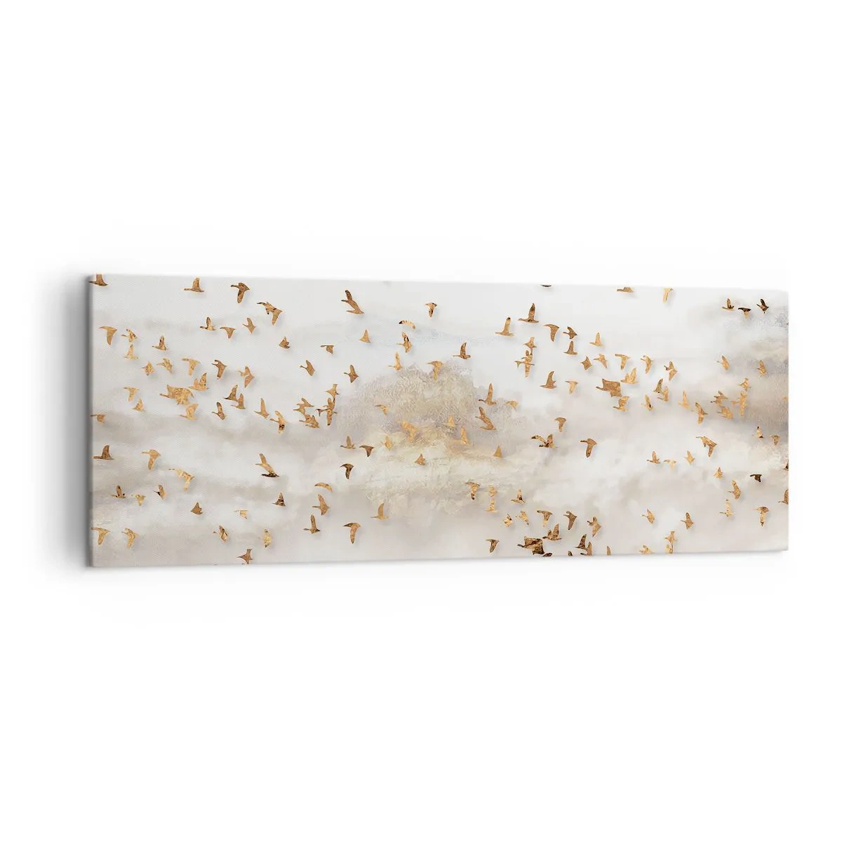 Bild auf Leinwand - Leinwandbild - Goldene Vögel vor den nebligen Bergen - 140x50cm - Es ist schon die Zeit… - Moderne Wanddekoration für Wohnzimmer und Schlafzimmer ARTTOR