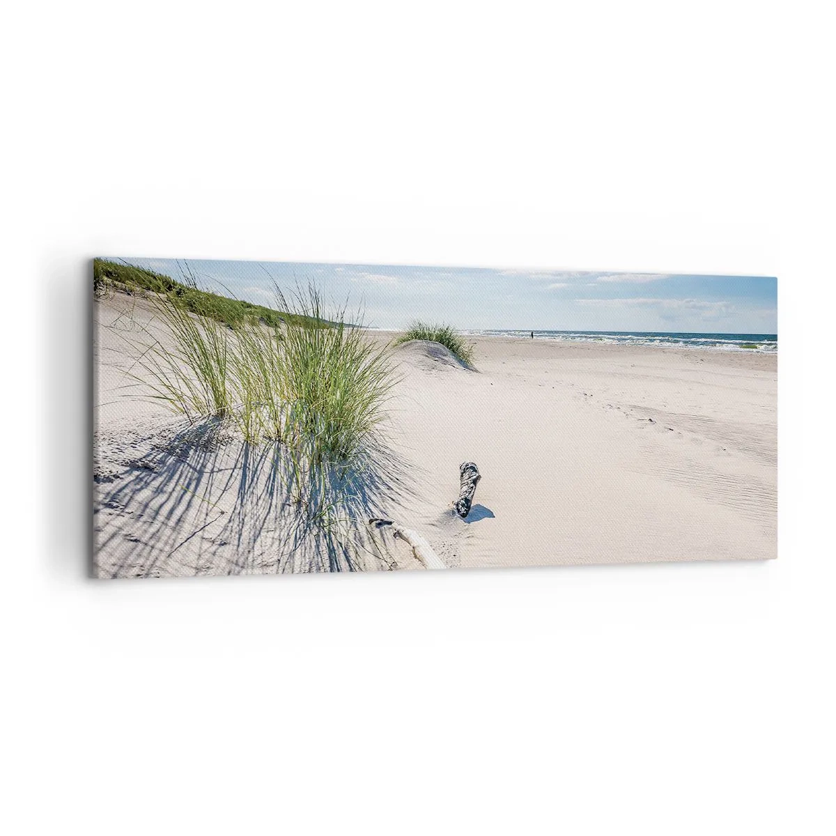 Bild auf Leinwand - Leinwandbild - Ein Ostseestrand mit Sand, Gras und einem ruhigen blauen Himmel - 120x50cm - Der schönste Strand? Ostsee-Strand - Moderne Wanddekoration für Wohnzimmer und Schlafzimmer ARTTOR