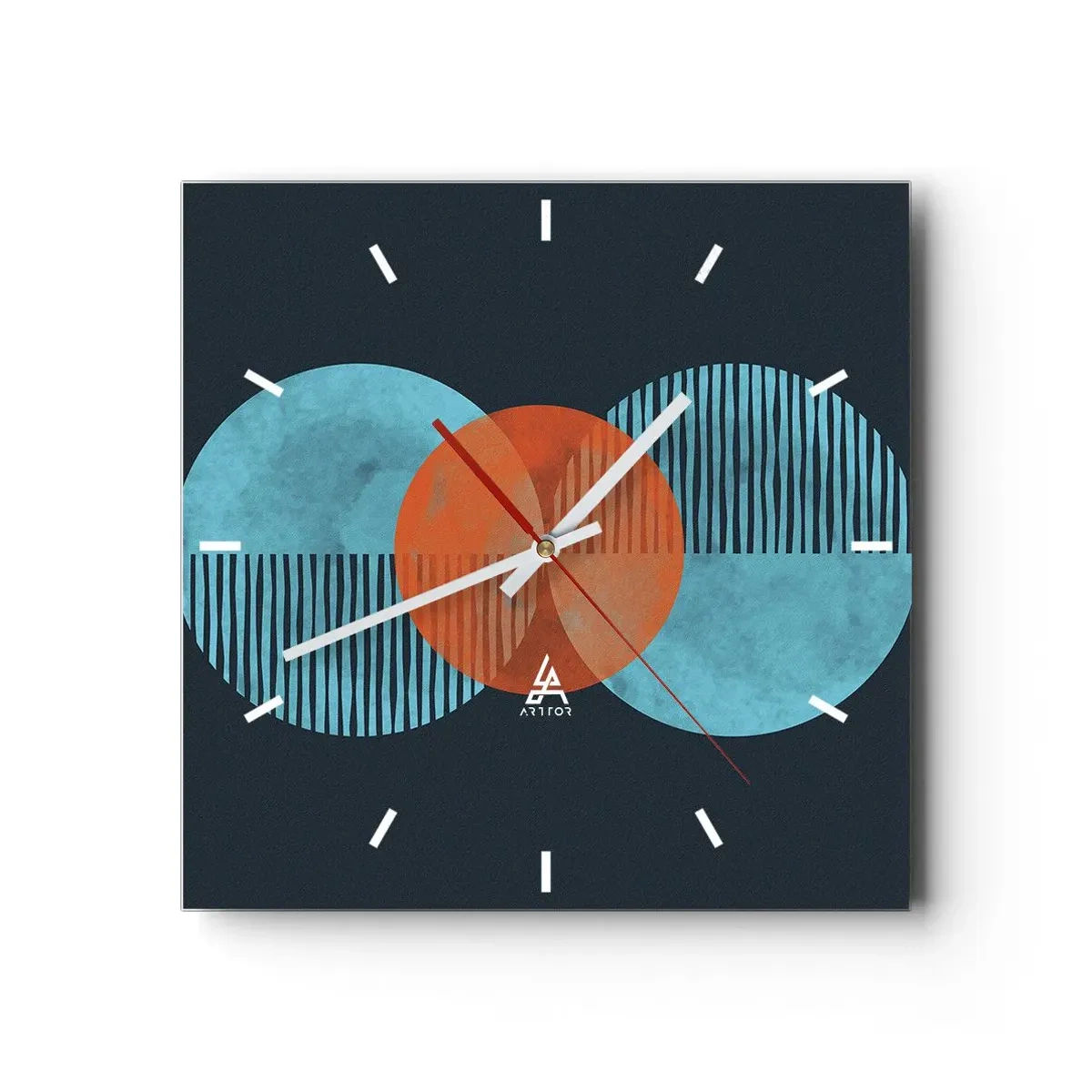 Wanduhr - Glasuhr - Geometrische Kreise in Blau- und Orangetönen - 30x30cm - Symmetrische Komposition - Moderne Wanddekoration für Wohnzimmer und Schlafzimmer ARTTOR