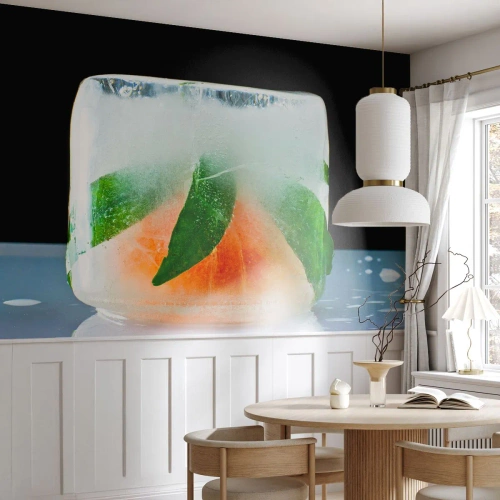 Fototapete Premium Sand - Gefrorene Orange mit Blättern in klarem Eis - 100x70cm - Frisch und kühl - Moderne Wanddekoration für Wohnzimmer und Schlafzimmer ARTTOR