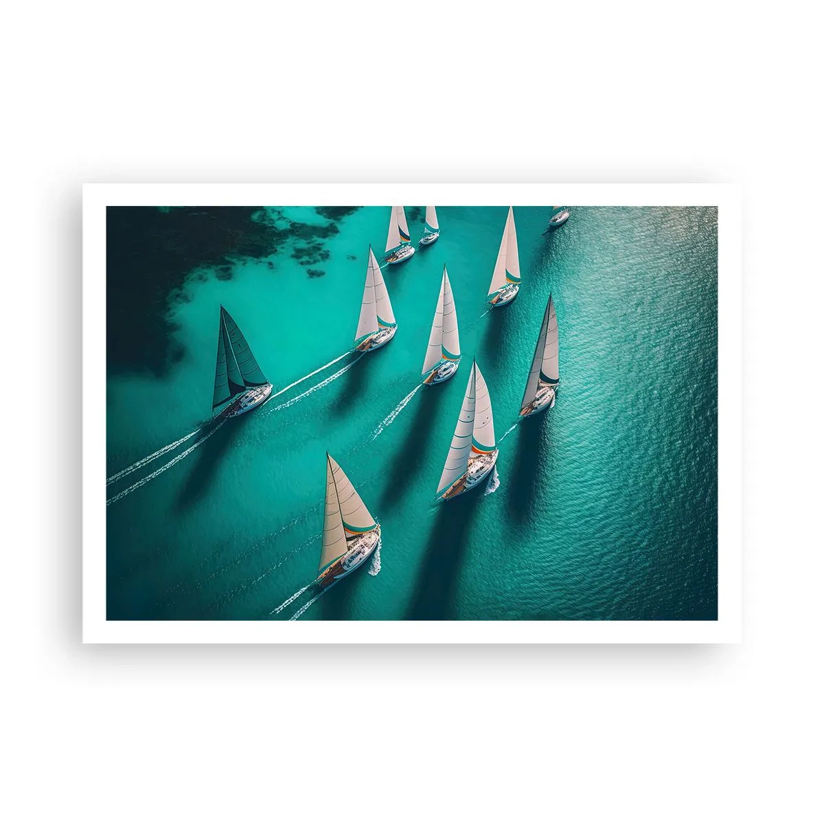 Poster - Yachten auf türkisfarbenem Wasser in dynamischer Bewegung - 100x70cm - Im Wettbewerb mit dem Wind - Moderne Wanddekoration für Wohnzimmer und Schlafzimmer ARTTOR