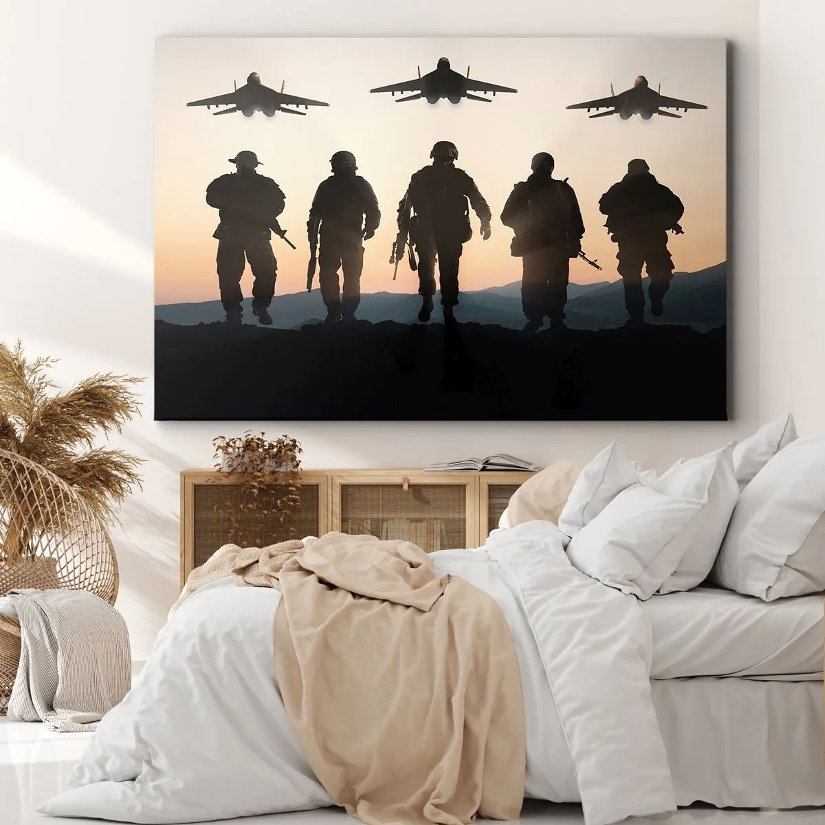 Bild auf Leinwand - Leinwandbild - Silhouetten von Soldaten und Kampfjets vor dem Hintergrund des Sonnenuntergangs - 120x80cm - Willkommen in unserer Welt - Moderne Wanddekoration für Wohnzimmer und Schlafzimmer ARTTOR